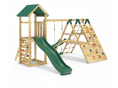 08 - 30650 - Ahşap Çift Kaydıraklı Tırmanmalı Salıncaklı Set