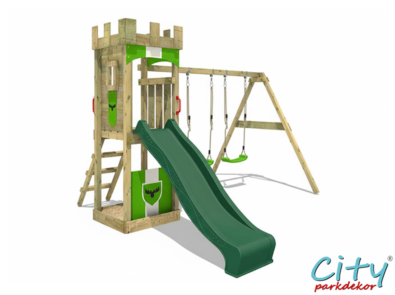 17 - 30681 Ahşap Kale Çatılı Kaydıraklı Salıncaklı Set