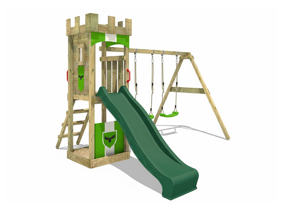 17 - 30681 Ahşap Kale Çatılı Kaydıraklı Salıncaklı Set