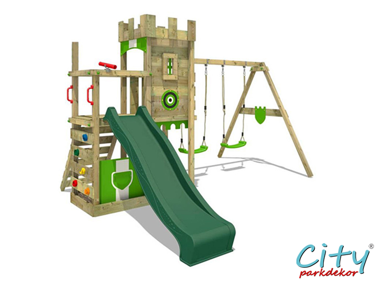 18 - 30685 Ahşap Çatılı Kaydıraklı Tırmanmalı Salıncak Seti