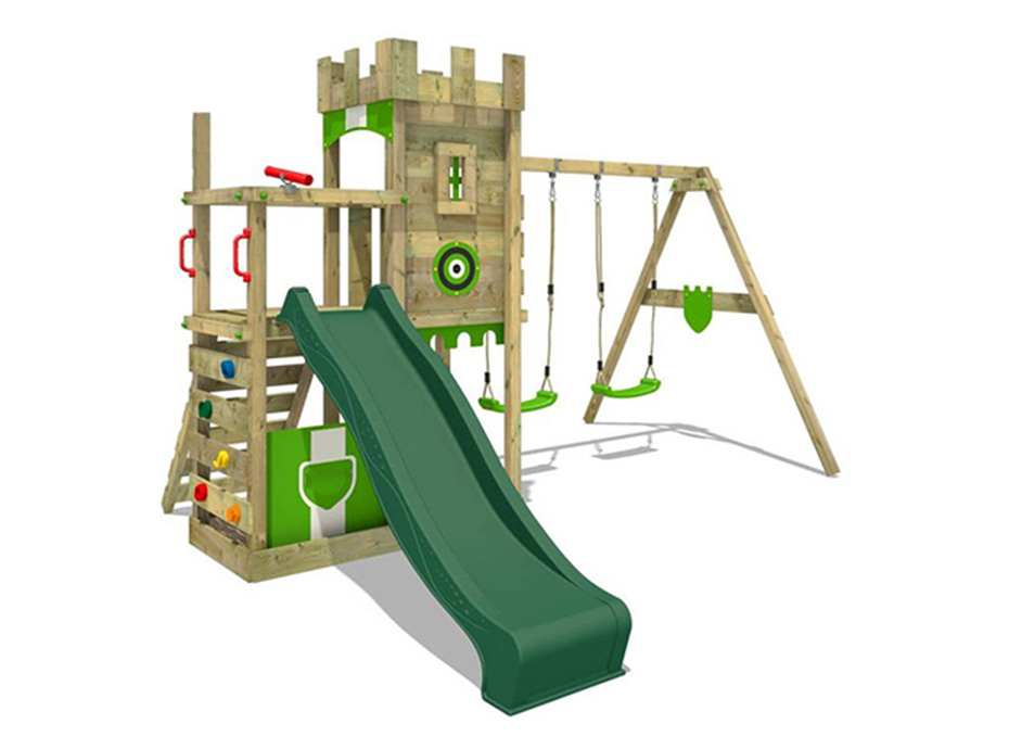 18 - 30685 Ahşap Çatılı Kaydıraklı Tırmanmalı Salıncak Seti