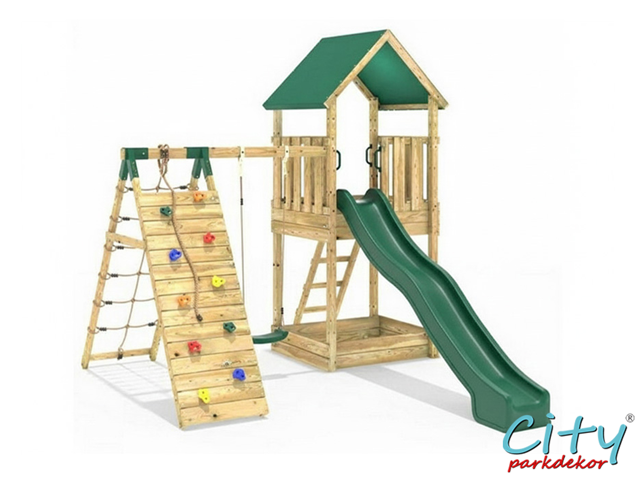 16 - 30682 Ahşap Çatılı Kaydıraklı Tırmanmalı Salıncak Seti