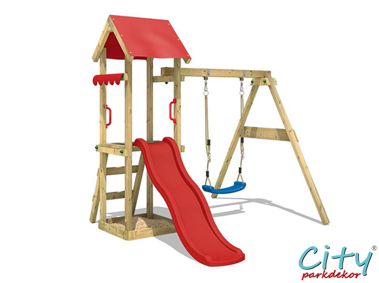 15 - 30680 Ahşap Çatılı Kaydıraklı Salıncaklı Set