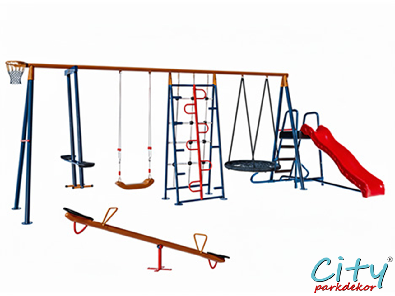 12-30725-Metal Çoklu Salıncaklı Tırmanmalı Kaydıraklı Bahçe Salıncak Seti