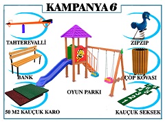 KAMPANYA - 06 ÇOCUK OYUN GRUBU + TAHTEREVALLİ + ZIPZIP + AHŞAP ÇÖP KOVASI + AHŞAP BANK + SEKSEK + KAUÇUK KARO KAPLAMA