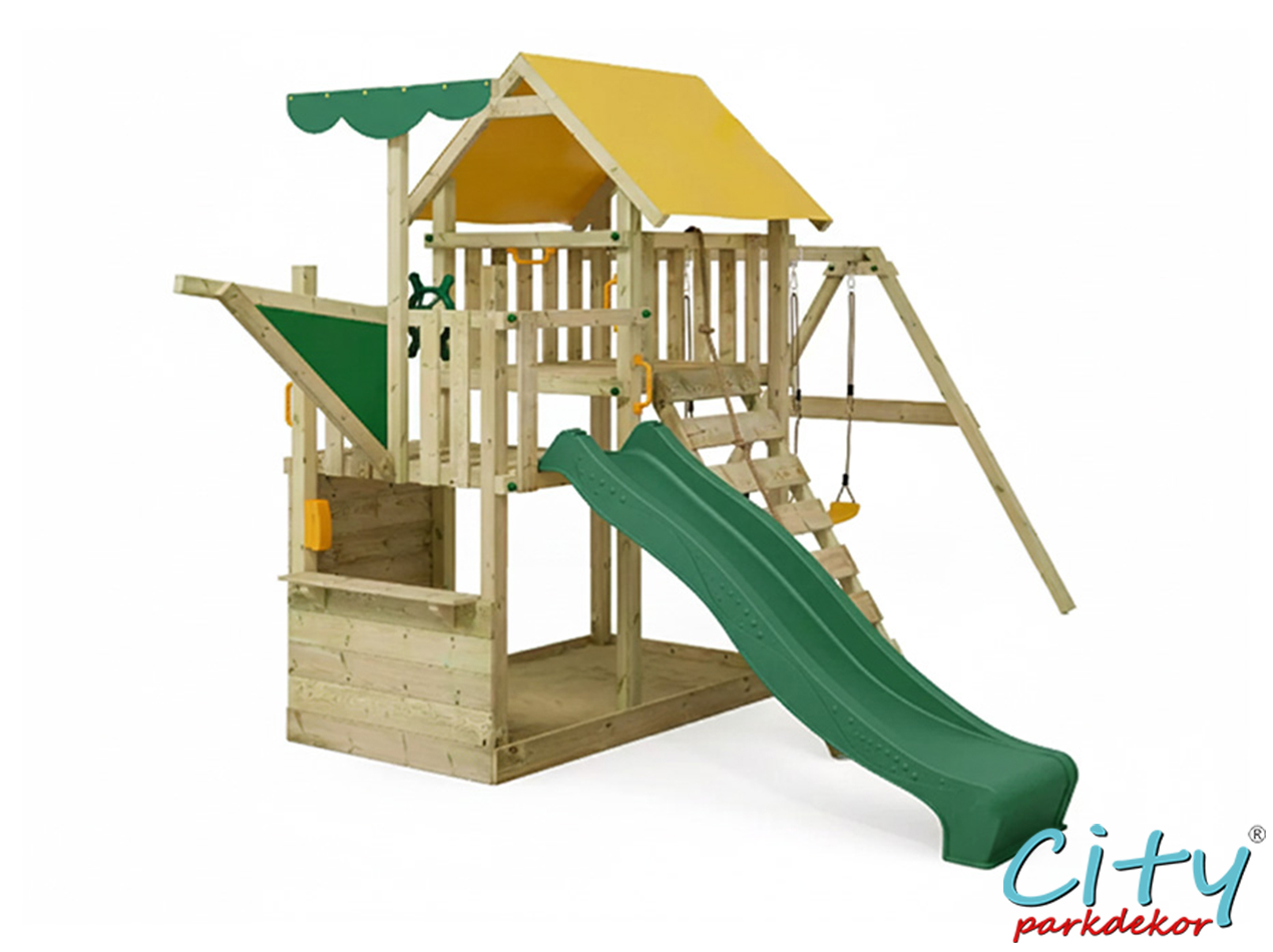 19 - 30688 Ahşap Çatılı Kaydıraklı İkili Salıncak Seti