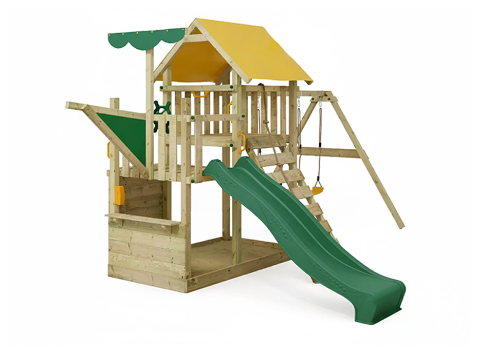 19 - 30688 Ahşap Çatılı Kaydıraklı İkili Salıncak Seti